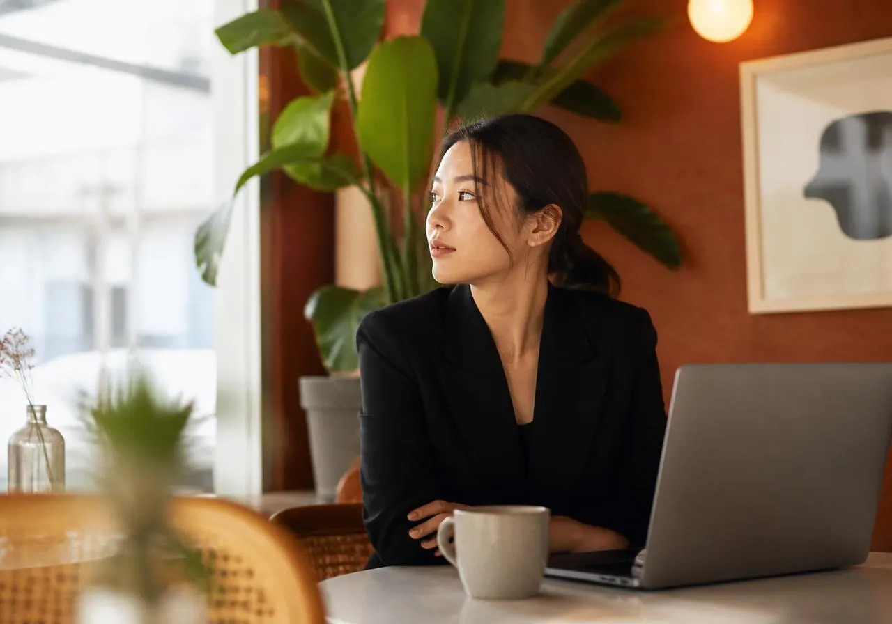 Consultant working on a laptop in a warm plant-filled office