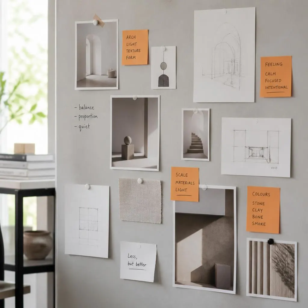 Creative moodboard wall with sketches and orange sticky notes