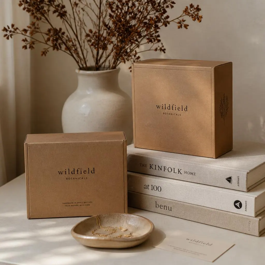 Local brand craft packaging styled with books and a ceramic vase