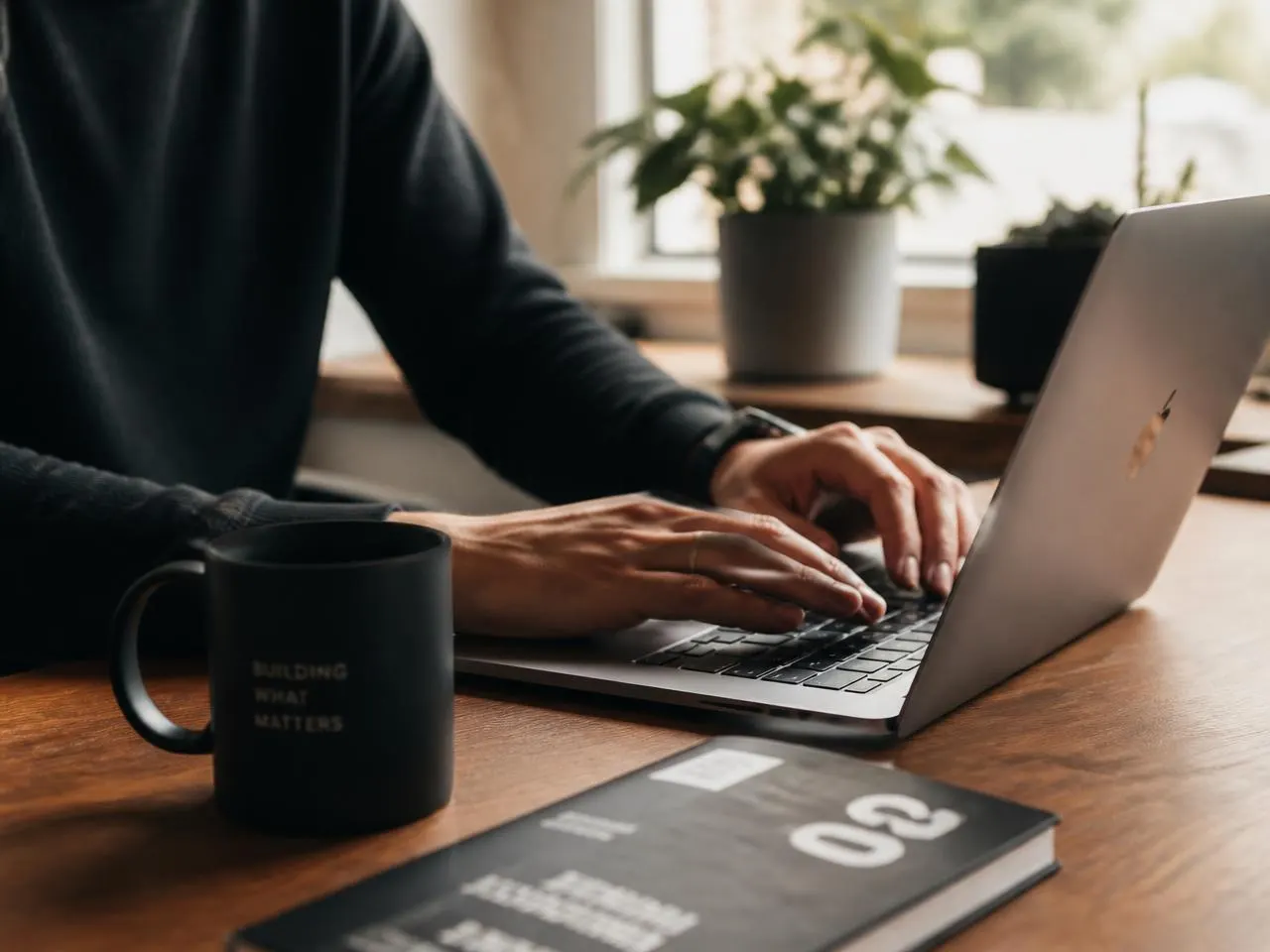 Founder typing on a laptop beside a black ceramic mug